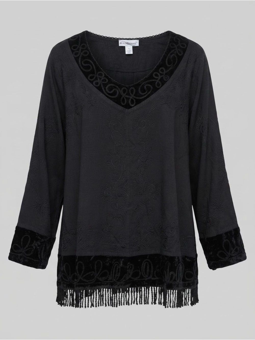 HolyClothing Black Velvet Soutache Fringe Renaissance Boho Tunic Top 1X